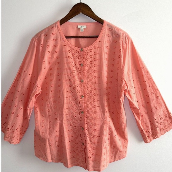 J .Jill Tops - Coral Eyelet Embroidered Button Front Blouse Bell Sleeve Cottagecore Boho Top XL